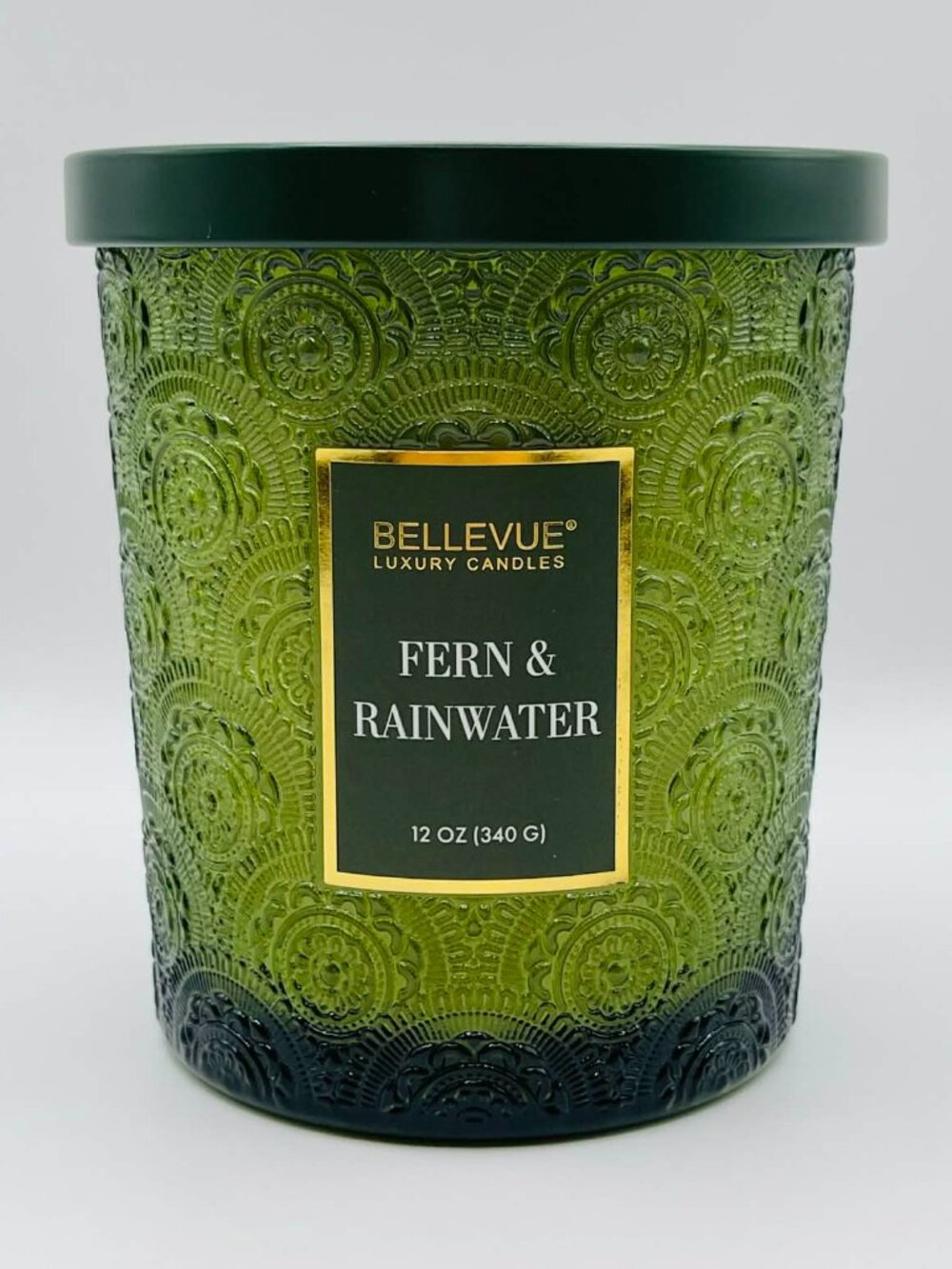 Bellevue Luxury Candle - Fern & Rainwater 12oz - Embossed Glass Jar